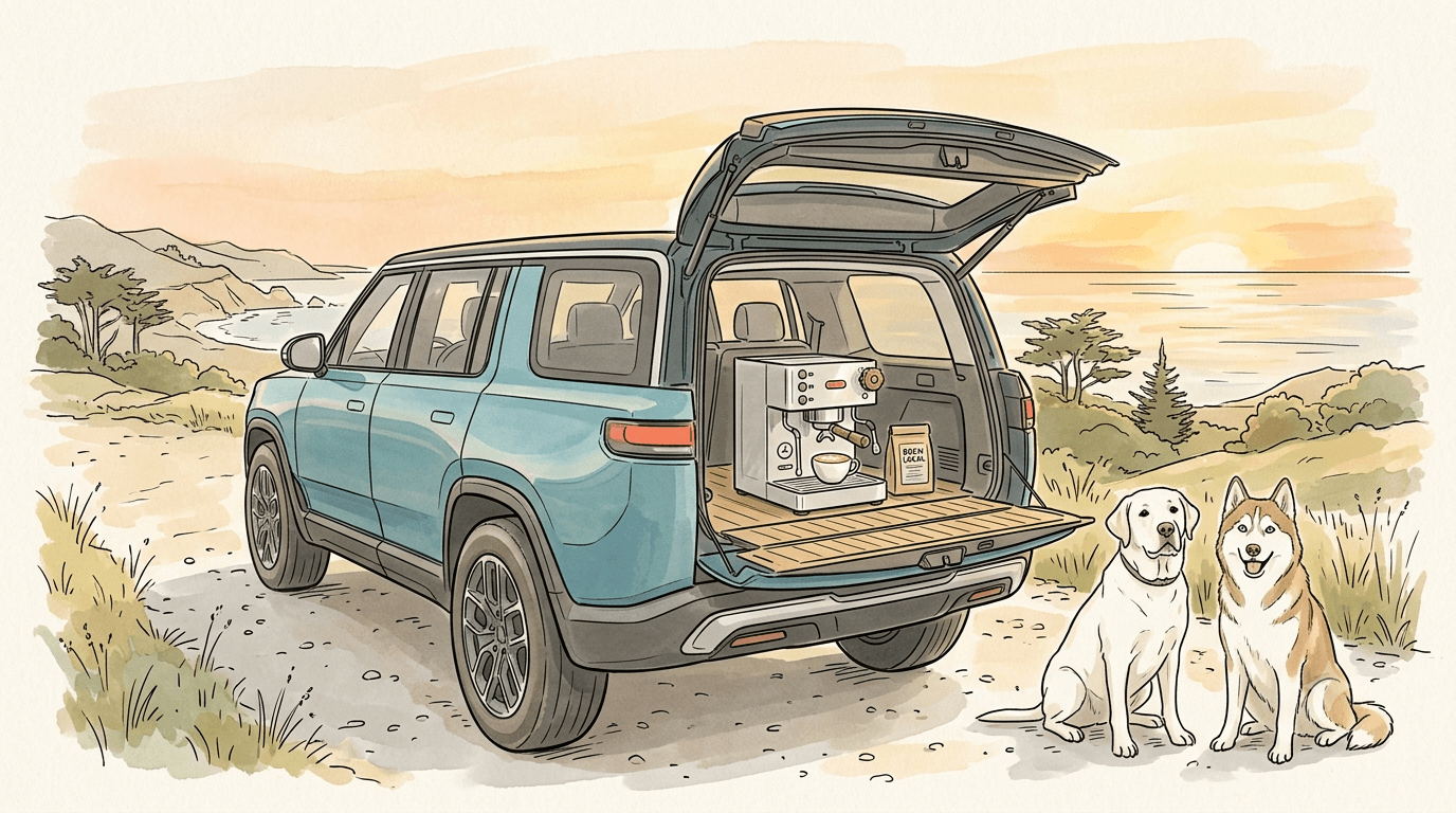 Our SUV parked on a trail at sunset with the tailgate open and an espresso machine set up in the back